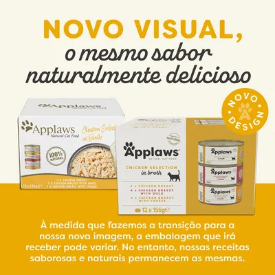 Applaws Natural Cat Food Chicken Selection in Broth, novo design de embalagem. Texto: Novo visual, o mesmo sabor naturalmente delicioso. Embalagem pode variar durante a transição.