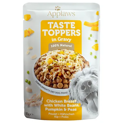 Applaws Taste Toppers в сос, 100% натурално. Пилешки гърди с бял боб, тиква и грах. Допълваща суха храна за кучета. Опаковка 85g.