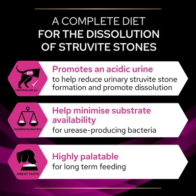 Complete diet for struvite stones: promotes acidic urine to reduce stone formation, helps minimise substrate for bacteria, and is highly palatable for long-term feeding.