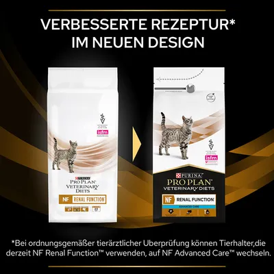 Deux sacs de croquettes pour chat Purina Pro Plan Veterinary Diets NF Renal Function, ancien et nouveau design, texte en allemand : 'Verbesserte Rezeptur im neuen Design'.