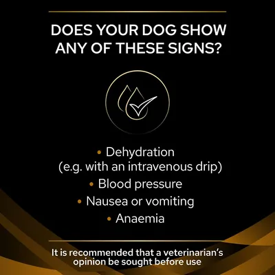 Signs listed: dehydration (e.g. with an intravenous drip), blood pressure, nausea or vomiting, anaemia. Recommendation to seek a veterinarian’s opinion before use.