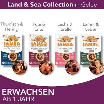 IAMS Land & Sea Collection en gelée pour chats adultes, 4 variétés : thon & hareng, dinde & canard, saumon & truite, agneau & foie. 99 % protéines animales. Dès 1 an. Texte en allemand.