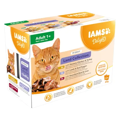 IAMS Delights Adult 1+ Land Collection, 12x85g. Saveur : poulet et dinde (6x), agneau et poivron rouge (3x), bœuf et foie (3x). Texte anglais sur l'emballage.