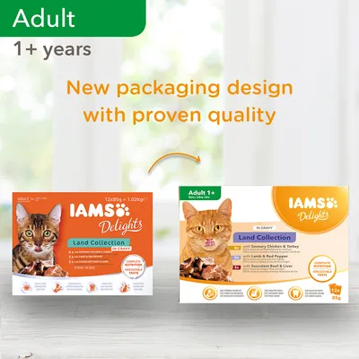 IAMS Delights Land Collection kattemad, Adult 1+, 12x85g. Billede viser gammel og ny emballage med teksten: New packaging design with proven quality.