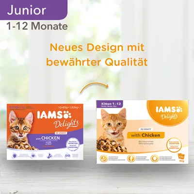 IAMS Delights Kitten 1–12 Monate with Chicken -kissanruoan vanha ja uusi pakkaus, teksti saksaksi: Neues Design mit bewährter Qualität