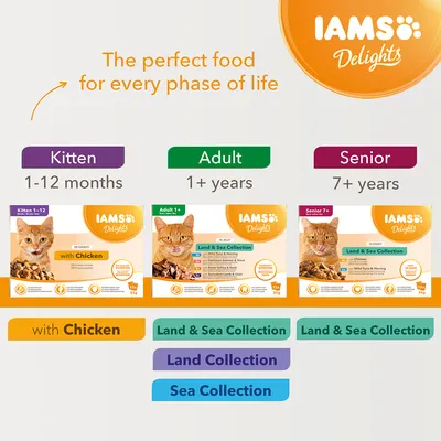 IAMS Delights kattemad til Kitten 1–12 måneder, Adult 1+ år og Senior 7+ år. Varianter: with Chicken, Land & Sea Collection, Land Collection, Sea Collection. Tekst på engelsk.