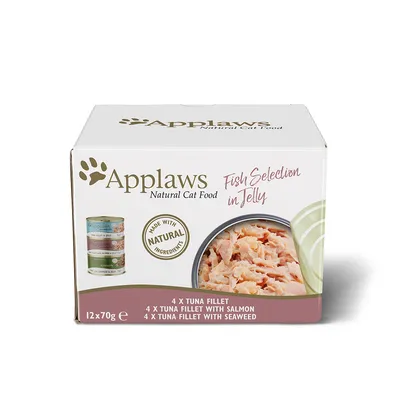 Applaws Natural Cat Food Fish Selection in Jelly, 12 x 70 g: 4 x tuna filee, 4 x tuna-lohi, 4 x tuna-merilevä. Made with natural ingredients -teksti pakkauksessa.