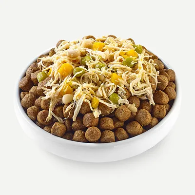Miska s hnedými granulami suchého krmiva, ozdobená čerstvými ingredienciami ako kuracie pásiky, žltá a zelená zelenina a biele fazule.