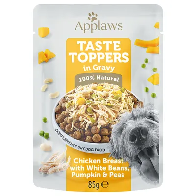 Applaws Taste Toppers v omáčke, 100% prírodné. Doplnok ku suchému krmivu pre psy. Kuracie prsia s bielymi fazuľami, tekvicou a hráškom, 85g.