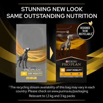 Product packaging change for Pro Plan JM Joint Mobility, highlighting new recyclable design and stating same outstanding nutrition. Applies to 1.3 kg and 3 kg packs.