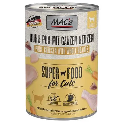 MAC's kattenvoer, Huhn pur mit ganzen Herzen, Pure Chicken with Whole Hearts, Super Food for Cats, graanvrij, hoog vleesgehalte, compleet voer voor volwassen katten, Made in Germany