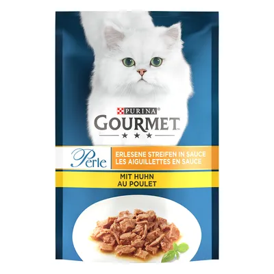 Purina Gourmet Perle, erlesene Streifen in Sauce, mit Huhn. Na obrázku je balenie s bielou mačkou a porciou krmiva na tanieri. Text v nemčine a francúzštine.