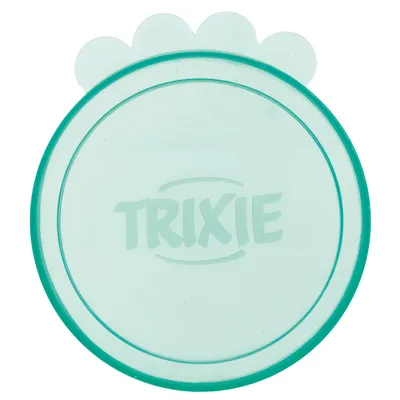 Trixie lid made of green plastic, round with paw motif on top. Suitable for sealing cans.