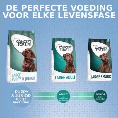 Concept for Life hondenvoer: Large Puppy & Junior tot 15 maanden, Large Adult vanaf 15 maanden, Large Senior vanaf 6 jaar. Tekst: De perfecte voeding voor elke levensfase.