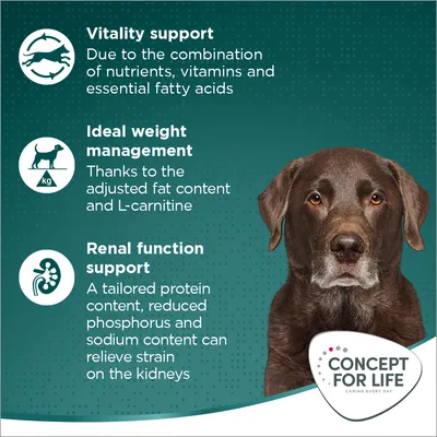 Testo in inglese: Vitality support, Ideal weight management, Renal function support. Marchio Concept for Life. Immagini di cane e simboli relativi ai benefici.