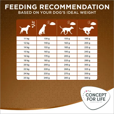 Tabella consigli alimentari per cani Concept for Life: peso da 11 a 25 kg, quantità giornaliera da 130 g a 360 g in base al peso. Marchio visibile: Concept for Life. Tabella consigli alimentari per cani Concept for Life: peso da 11 a 25 kg, quantità giornaliera da 130 g a 360 g in base al peso. Marchio visibile: Concept for Life.
