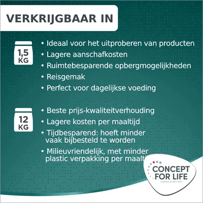 Verkrijgbaar in 1,5 kg: ideaal om te proberen, lagere aanschafkosten, ruimtebesparend, reisgemak. 12 kg: beste prijs-kwaliteit, lagere kosten per maaltijd, tijdbesparend, milieuvriendelijk. Concept for Life.