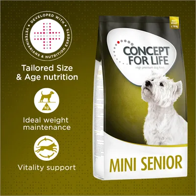 CONCEPT FOR LIFE MINI SENIOR, alimento per cani anziani di piccola taglia. Testo visibile: 'Developed with veterinarians & nutrition experts', 'Tailored Size & Age nutrition', 'Ideal weight maintenance', 'Vitality support'.