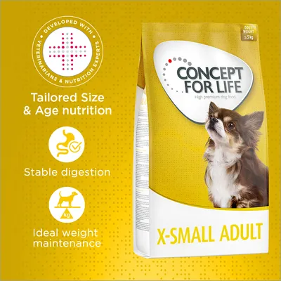 CONCEPT FOR LIFE X-SMALL ADULT, alimento per cani adulti di taglia molto piccola, peso cane ≤5 kg. Testo in inglese: Tailored Size & Age nutrition, Stable digestion, Ideal weight maintenance.