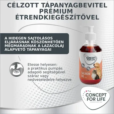 Célzott tápanyagbevitel prémium étrendkiegészítővel. A hidegen sajtolásos eljárásnak köszönhetően megmaradnak a lazacolaj alapvető tápanyagai. Concept for Life Salmon Oil 500 ml.