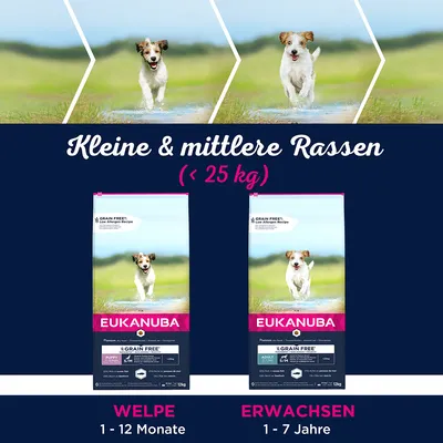 Eukanuba pasja hrana za majhne in srednje pasme (<25 kg). Različici: mladiček (1-12 mesecev) in odrasel (1-7 let). Brez žit, recept z malo alergeni. Velikost pakiranja: 12 kg.