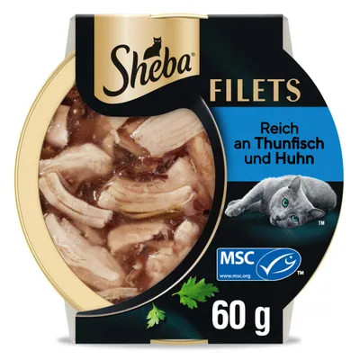 Sheba Fileti, bogati s tuno in piščancem, MSC certifikat, 60 g Sheba Fileti, bogati s tuno in piščancem, MSC certifikat, 60 g