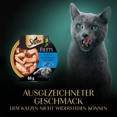 Sheba Filets, Huhn mit nachhaltigem Thunfisch, 60g. Ausgezeichneter Geschmack, dem Katzen nicht widerstehen können.