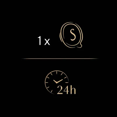 1 porcija s simbolom S, spodaj ura s 24h. Prikaz priporočene količine na dan. 1 porcija s simbolom S, spodaj ura s 24h. Prikaz priporočene količine na dan.