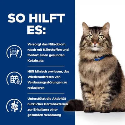 Texte en allemand : So hilft es – Versorgt das Mikrobiom rasch mit Nährstoffen und fördert einen gesunden Kotabsatz, Hilft klinisch erwiesen, das Wiederauftreten von Verdauungsstörungen zu reduzieren, Unterstützt die Aktivität nützlicher Darmbakterien zur Erhaltung einer gesunden Verdauung.