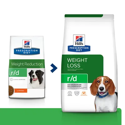 Hill's Prescription Diet r/d hundefoder. Venstre pose: Weight Reduction, med billede af sort-hvid hund og teksten 'with Chicken'. Højre pose: Weight Loss, r/d, VETERINARIAN RECOMMENDED.