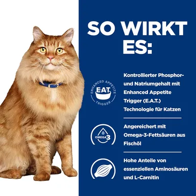 So wirkt es: Kontrollierter Phosphor- und Natriumgehalt mit Enhanced Appetite Trigger (E.A.T.) Technologie für Katzen. Angereichert mit Omega-3-Fettsäuren aus Fischöl und essentiellen Aminosäuren.