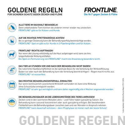 Goldene Regeln für sicheren Schutz gegen Zecken und Flöhe mit FRONTLINE: alle Tiere behandeln, richtige Pipettengröße wählen, korrekt auftragen, 48h vor/nach Behandlung nicht baden, Intervall einhalten.