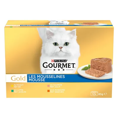 Purina Gourmet Gold Les Mousselines Mousse, 12x85g. Sorten: Huhn, Kaninchen, Lachs, Nieren. Verpackung mit weisser Katze und Abbildung der Mousse auf Teller.