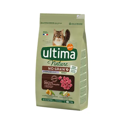 ultíma Nature NO GRAIN STERILISÉ ADULT kattemad, Boeuf Frais d’Origine Française, 1,1 kg. Billede af kat og ingredienser på posen. Tekst: Produit en France, emballage recyclable.