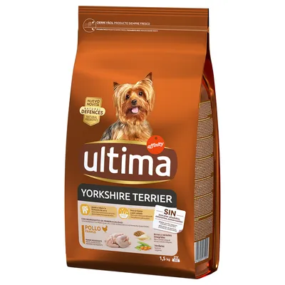 Saco de ração Ultima affinity YORKSHIRE TERRIER, 1,5 kg. Indicações visíveis: frango, arroz e cereais, verduras, sem corantes nem conservantes adicionados, defences natural prebiotics.