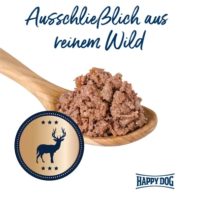 Happy Dog Nassfutter, ausschliesslich aus reinem Wild. Abgebildet: Fleisch auf Holzlöffel und Siegel mit Hirschsymbol.