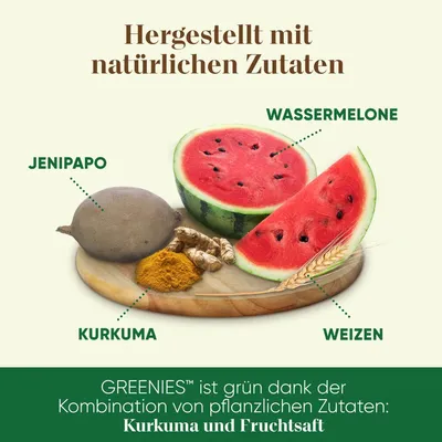Hergestellt mit natürlichen Zutaten: Jenipapo, Wassermelone, Kurkuma und Weizen. GREENIES ist grün dank der Kombination von pflanzlichen Zutaten: Kurkuma und Fruchtsaft.