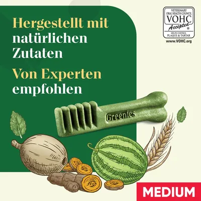 Greenies Medium. Hergestellt mit natürlichen Zutaten, von Experten empfohlen. VOHC-Siegel zur Kontrolle von Plaque und Zahnstein.