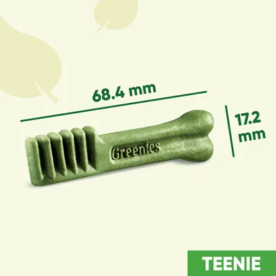 Snack Greenies tamaño Teenie, forma de hueso, medidas visibles: 68,4 mm de largo y 17,2 mm de ancho. Texto 'Greenies' grabado en el producto.