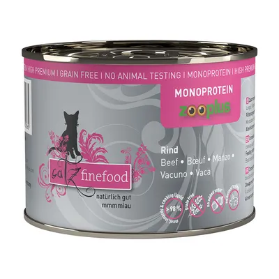Catz finefood консерва говеждо, монопротеин, без зърнени храни, без тестване върху животни, 98% месо, естествено. Видимо лого на Zooplus.