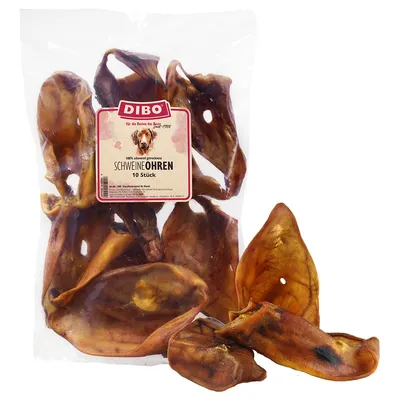 Dibo orejas de cerdo, 100% secadas suavemente, 10 unidades. Snack masticable natural para perros en envase transparente.