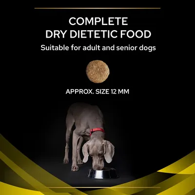 Complete dry dietetic food for adult and senior dogs, showing kibble size approximately 12 mm and a dog eating from a bowl.