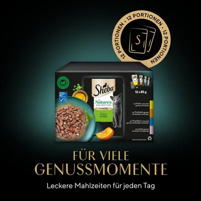 Sheba Nature’s Collection en sauce, 12 portions de 85 g. Texte en allemand : Für viele Genussmomente, Leckere Mahlzeiten für jeden Tag. Image d’un chat et d’une assiette de nourriture.