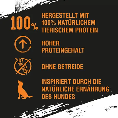 Текст на немецком: 100 %, hergestellt mit 100 % natürlichem tierischem Protein, hoher Proteingehalt, ohne Getreide, inspiriert durch die natürliche Ernährung des Hundes.