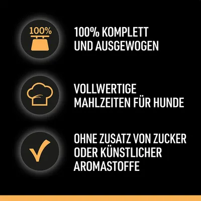 100% komplett und ausgewogen, vollwertige Mahlzeiten für Hunde, ohne Zusatz von Zucker oder künstlicher Aromastoffe.
