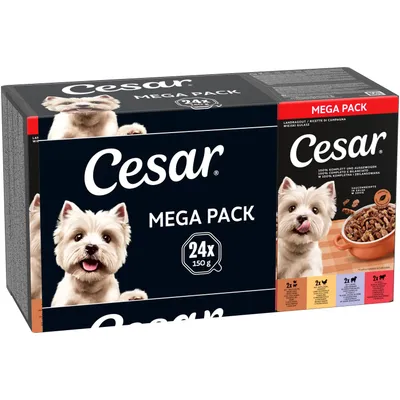 Cesar Mega Pack, 24x150g, Maalaisraguu. 100 % täysravinto ja tasapainoinen. Kastikereseptit kastikkeessa. Eri makuja: siipikarja, naudanliha, lammas ja vasikka. Cesar Mega Pack, 24x150g, Maalaisraguu. 100 % täysravinto ja tasapainoinen. Kastikereseptit kastikkeessa. Eri makuja: siipikarja, naudanliha, lammas ja vasikka.