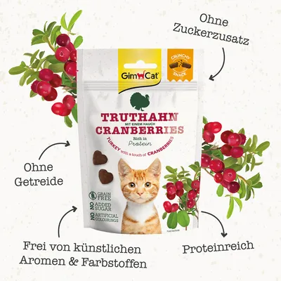 GimCat Truthahn mit Cranberries. Ohne Getreide, ohne Zuckerzusatz, frei von künstlichen Aromen & Farbstoffen, proteinreich. Crunchy Snack für Katzen.