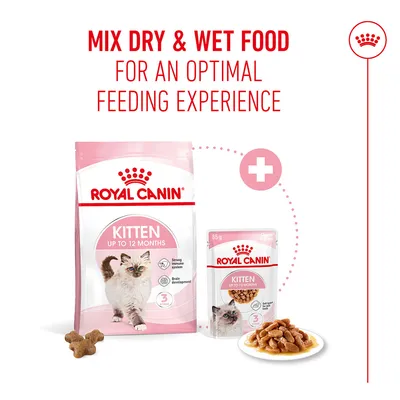 Royal Canin Kitten Dry and Wet Food up to 12 months. Note: A mix of dry and wet food for an optimal feeding experience.