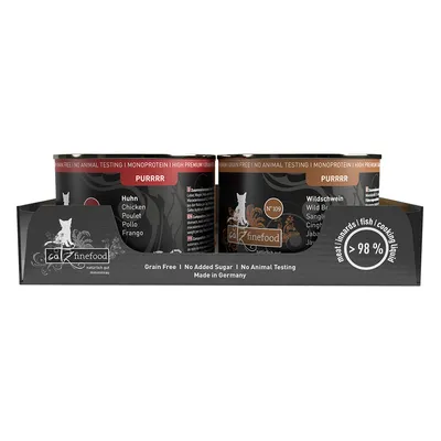 catz finefood PURRRR, puszki: Huhn, Wildschwein. Bez zbóż, bez dodatku cukru, brak testów na zwierzętach, monobiałko, >98% mięsa/podrobów/ryb/wody z gotowania. Made in Germany.