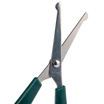 Scissors with rounded tips and green handles, suitable for precise cutting.